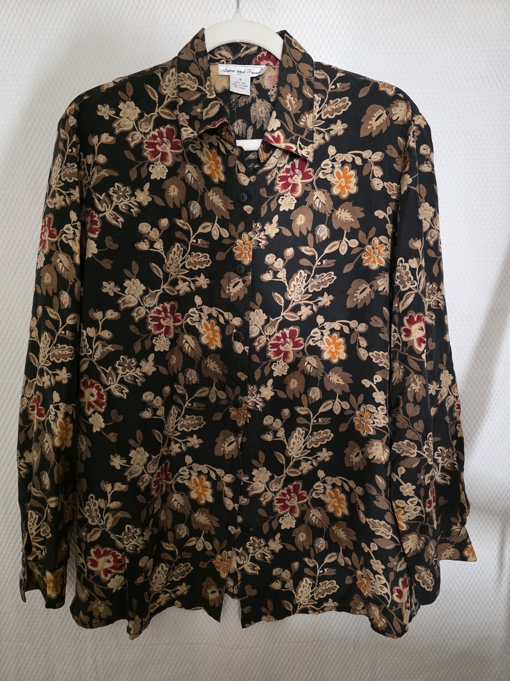 Anna and Frank Black Silk Floral Button-Up with Red & Tan Blooms